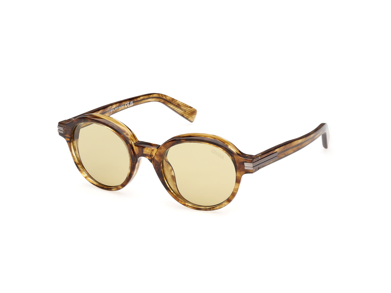 Das Bild zeigt die Zegna Sonnenbrille 0253 in hellbraun gestreift leicht schräg von der Seite.